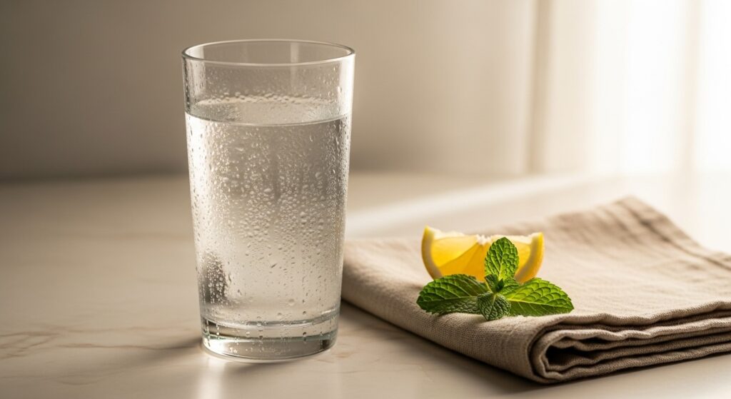 Tall clear glass of cold filtered water on a cream marble kitchen counter with a fresh lemon slice and mint sprig, illustrating daily hydration