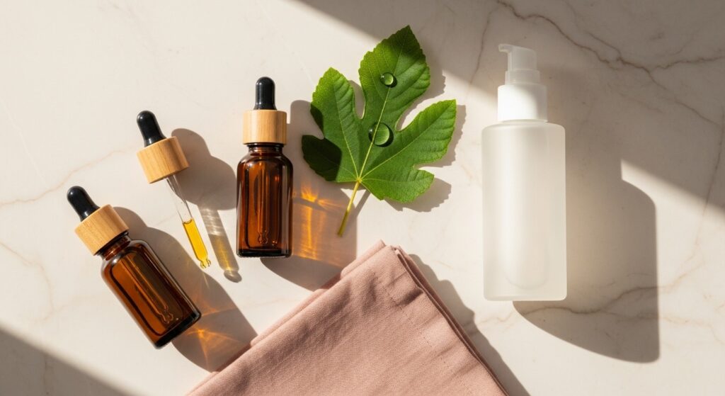 Editorial flat lay of skincare bottles, a fresh green leaf with a water droplet and a linen cloth on a cream marble surface, illustrating a healthy aging skincare routine
