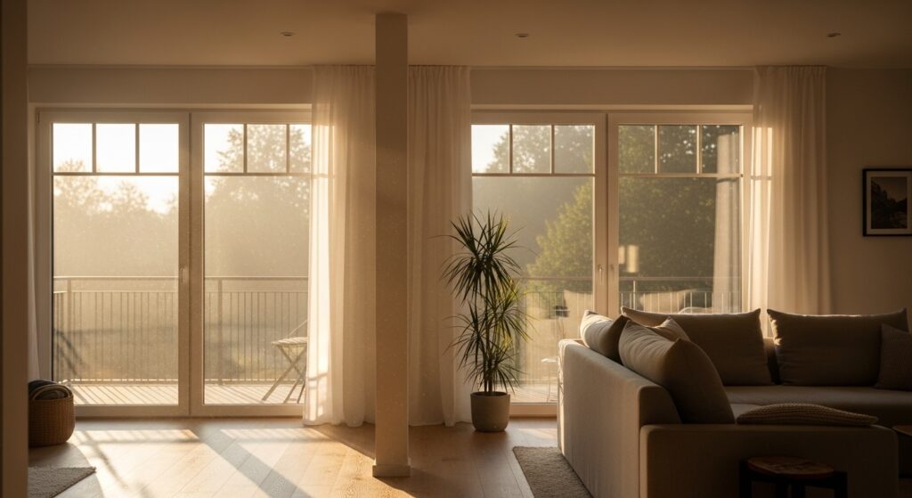 Sunlit modern European living room with visible dust particles in the morning light, illustrating indoor air quality