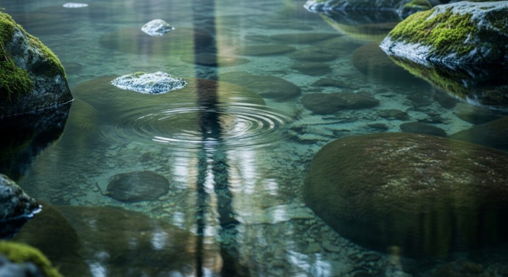 Clear natural spring water reflecting mossy rocks in a misty Japanese forest at dawn