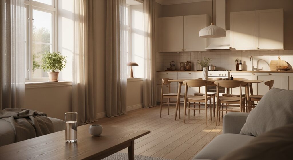 Calm sunlit Scandinavian living room with a glass of water and a plant, illustrating healthy home habits