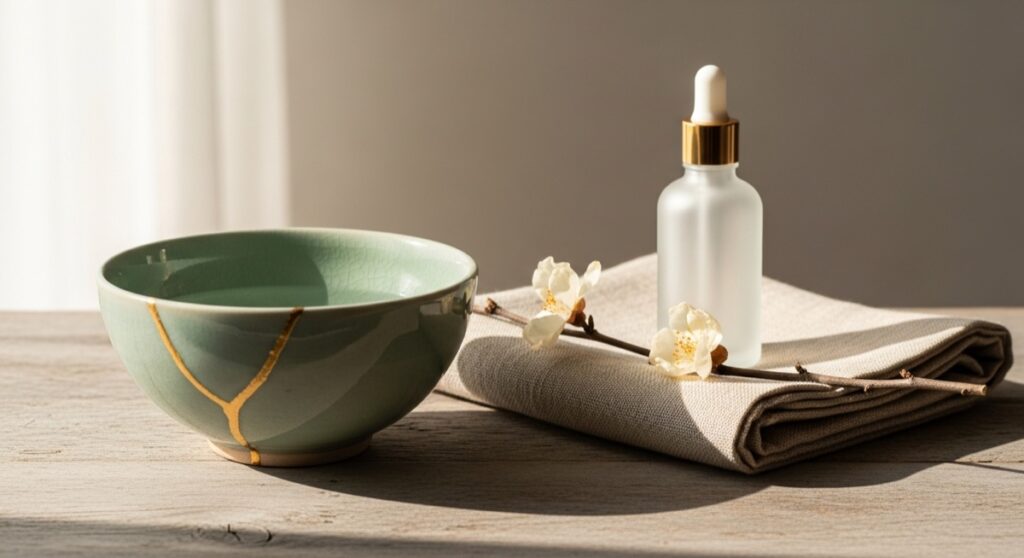 Handmade celadon bowl with a kintsugi gold repair beside linen and dried blossoms, a calm wabi-sabi skincare still life