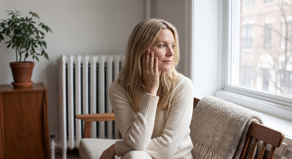 Woman sitting by a window next to a radiator in autumn light