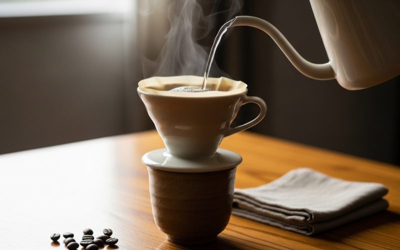 Pour over coffee being brewed slowly over a ceramic cup in soft morning light, a calm Japanese coffee ritual
