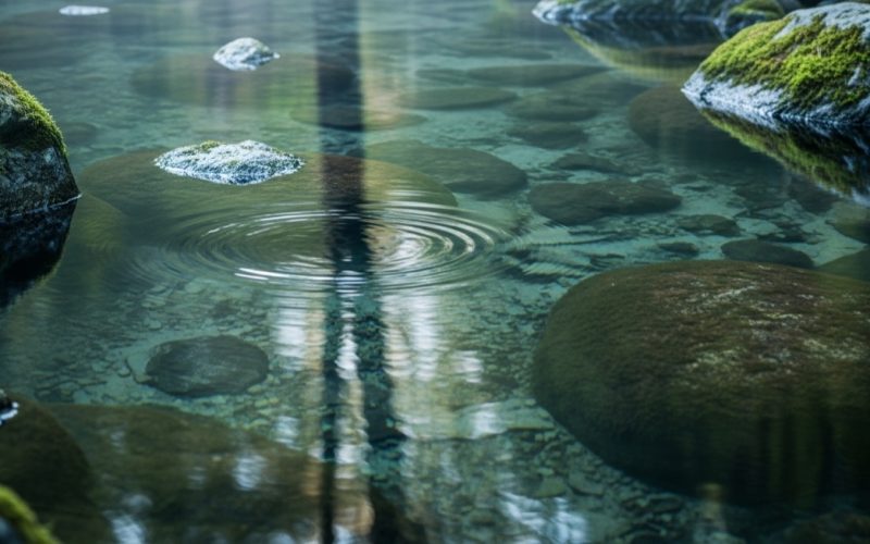 Clear natural spring water reflecting mossy rocks in a misty Japanese forest at dawn