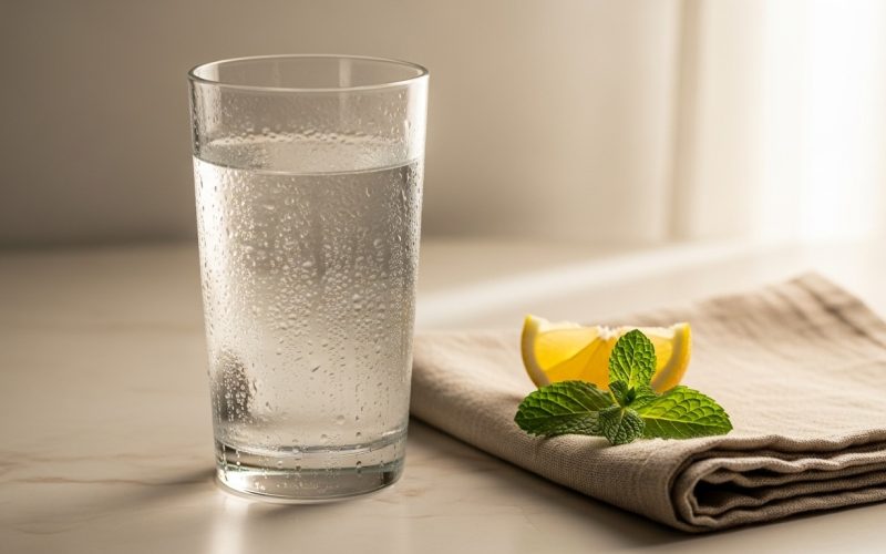 Tall clear glass of cold filtered water on a cream marble kitchen counter with a fresh lemon slice and mint sprig, illustrating daily hydration