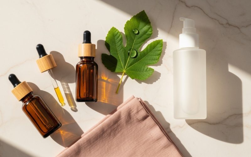 Editorial flat lay of skincare bottles, a fresh green leaf with a water droplet and a linen cloth on a cream marble surface, illustrating a healthy aging skincare routine