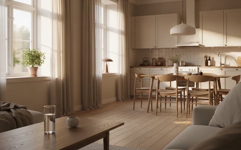 Calm sunlit Scandinavian living room with a glass of water and a plant, illustrating healthy home habits