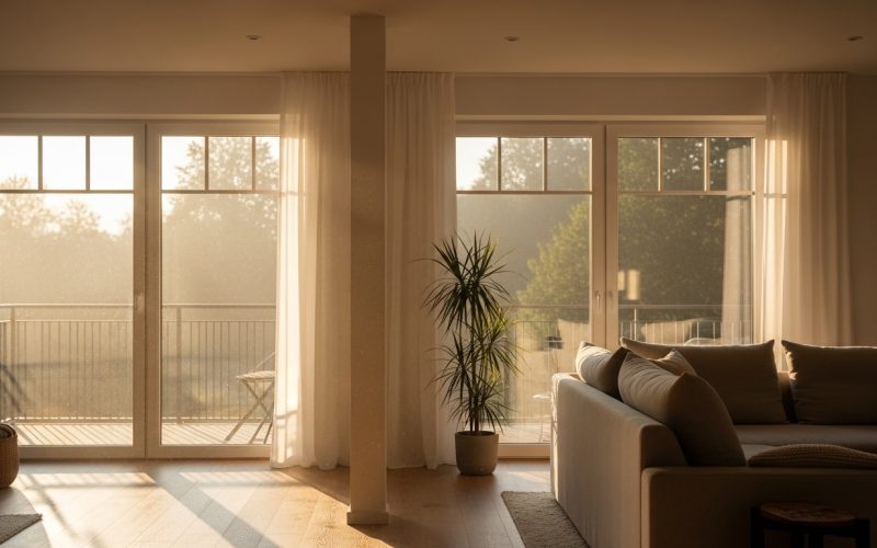 Sunlit modern European living room with visible dust particles in the morning light, illustrating indoor air quality