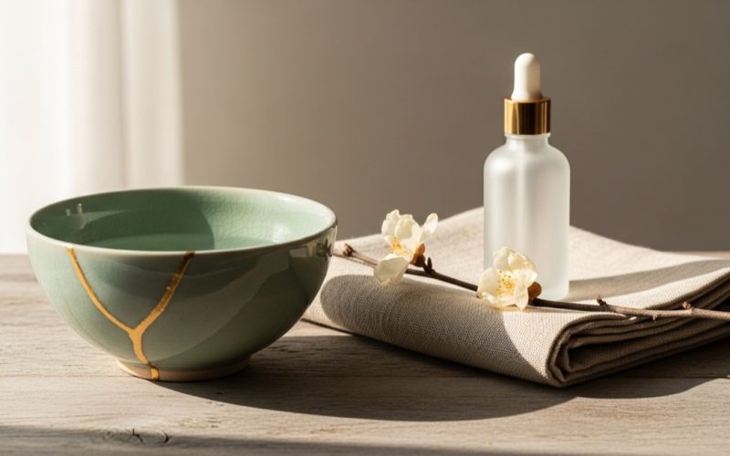 Handmade celadon bowl with a kintsugi gold repair beside linen and dried blossoms, a calm wabi-sabi skincare still life